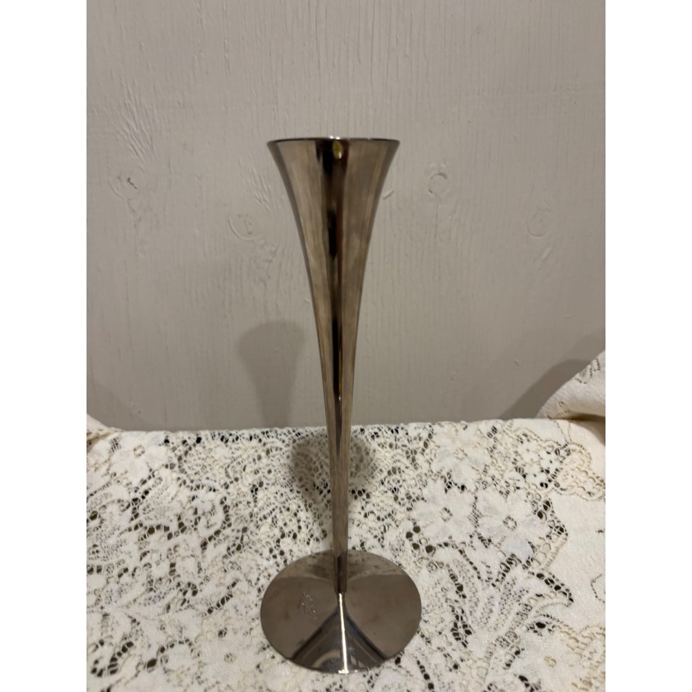 Vintage Silver Tone Trumpet Bud Vase Mid Century Modern Flared Metal 8.5 Inch